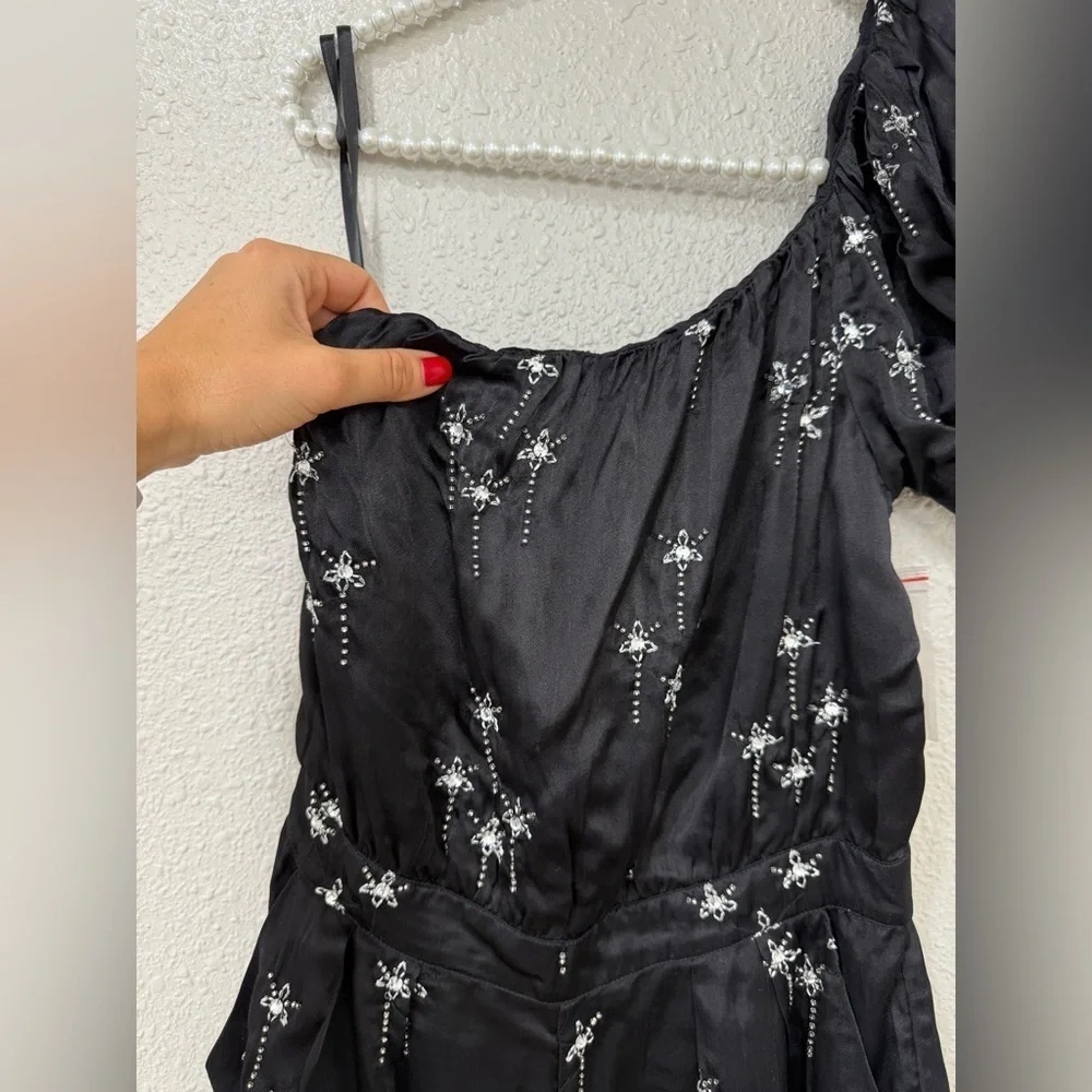 FREE PEOPLE BLACK SEQUIN EMBELLISHED ONE SHOULDER GEMINI PARTY ROMPER SHORTS S